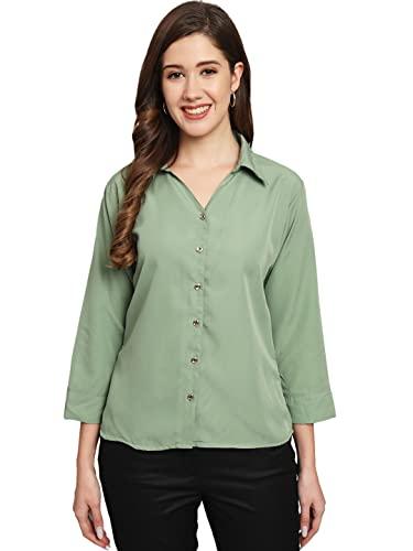 funday fashion women regular fit solid v collered formal/casual shirt (medium, pista green)