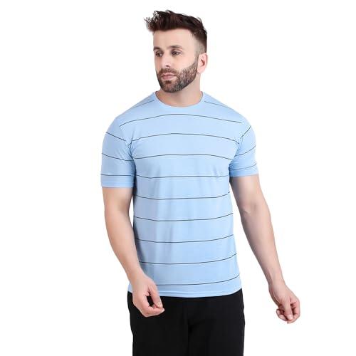 well quality sap knit polyester round neck half sleeve striped t-shirts for men (sky)