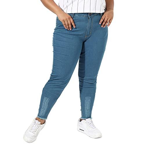 instafab plus women's prussian blue women's distressed hem denim jeans for casual wear | plus-size | medium-wash | 5 pockets | button closure | denim jeans crafted with comfort fit for everyday wear