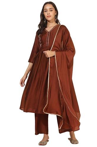 janasya women's brown chanderi embellished kurta with palazzo and dupatta(set838-kr-pp-s)