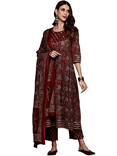 anubhutee women's rust sequinned kurta set with trousers and dupatta