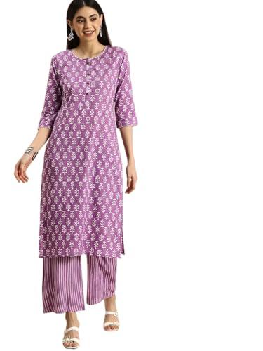 meera fab women's cotton printed floral straight kurta with palazzo, purple