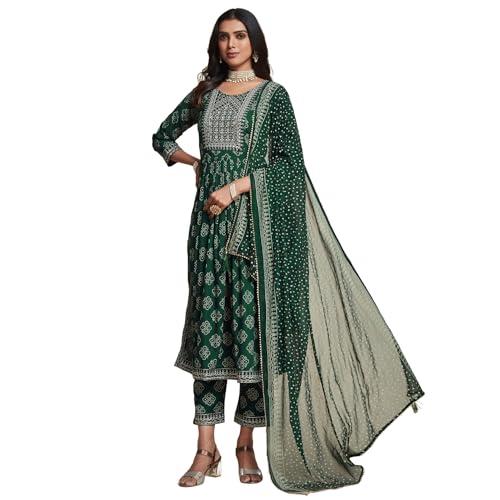 ishin women's ethnic green bandhani printed viscose rayon kurta set with dupatta