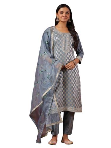 ishin women's ethnic motifs embroidered grey straight kurta suit set with trousers & dupatta