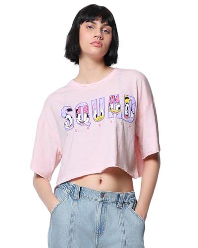 bewakoof air 1.0 official disney merchandise women's typography oversized half sleeve round neck cotton slub top_597097_pink_l