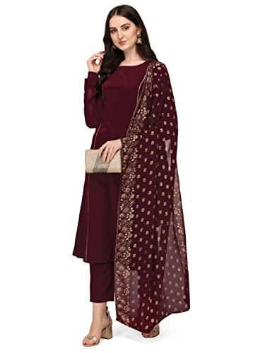 fiorra women's maroon poly crepe straight kurta with pant and dupatta set0058-m