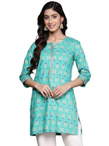 anubhutee women's viscose rayon turquoise blue zari floral printed straight kurti