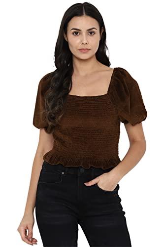 american eagle women brown smocked puff-sleeve blouse