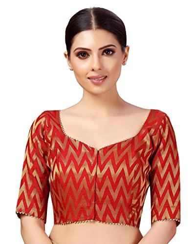 studio shringaar women's readymade wave design banaras brocade saree blouse with elbow length sleeves (red,44)