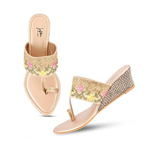 jm looks women stylish fancy and comfort trending kolhapuri chappal flat fashion sandals for women, gold, size_7