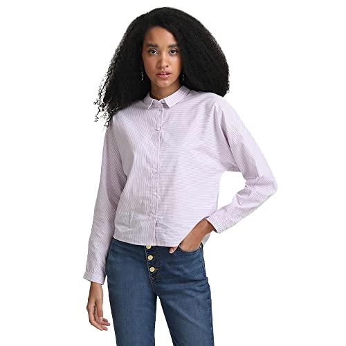 kazo solid cotton blend collar neck womens shirt (lavender, large)