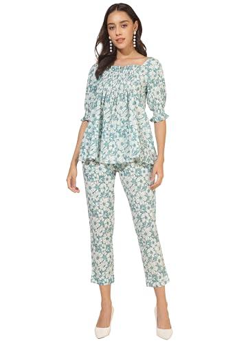 janasya women's mint cotton floral a-line co-ord set(set946-co-ord-xs)