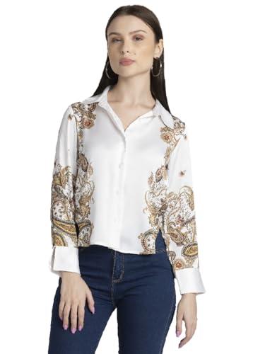 shaye spread collar white printed long sleeves party shirt for women