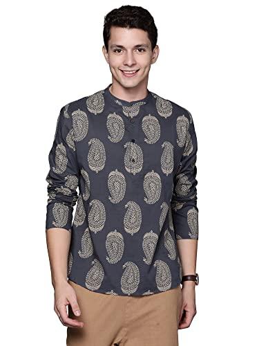 indo era men's cotton printed casual straight short kurta (mkr0gy1195m_grey_ready to wear_m-size)