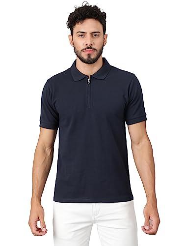 kotty men solid spread collar cotton blend t-shirt dark blue