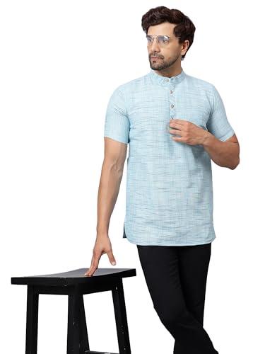 latest chikan men's cotton blend regular textured short kurta half sleeves - casual ethnic wear blue