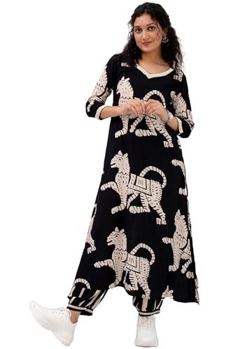 anni designer women's cotton blend printed straight kurta with pant (lanka black_2306 medium)