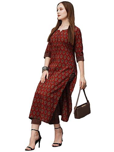 anni designer women's cotton blend printed straight kurta with pant (nita maroon_l_maroon_large)