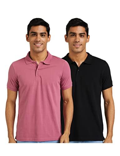 amazon brand - symbol men's cotton rich polo t shirt | collar tshirts | half sleeves | plain (combo pack of 2) - regular fit (heather purple & b_l)