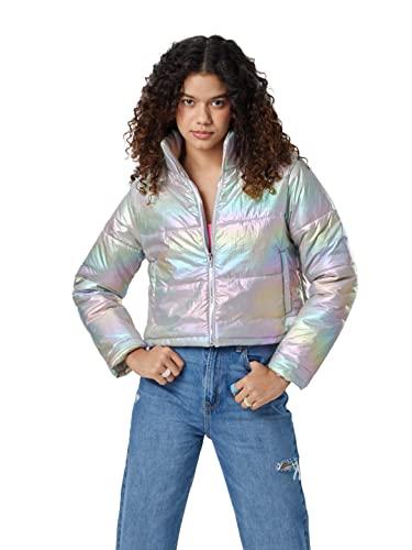 the souled store solids: shiny metal women and girls t-shirts regular fit solid full sleeve 60% cotton 40% polyester beige color women puffer jackets