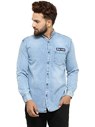 ben martin men's slim fit mandarin collar full sleeve light blue denim shirt, extra large