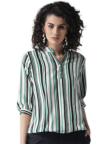 style quotient women white & green striped blouson top-m-white