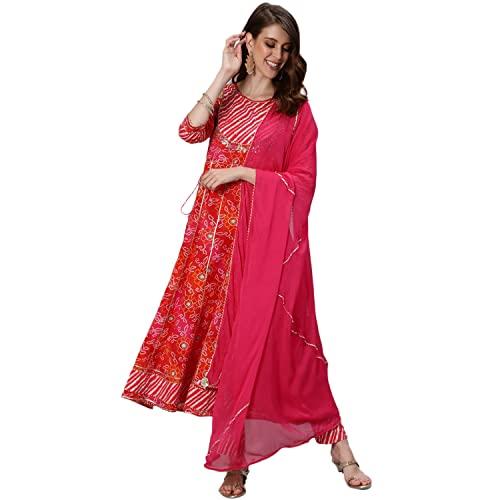 ishin women's cotton multicolor embroidered anarkali kurta set with trouser and dupatta