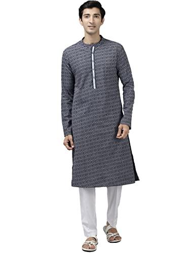 see designs blue & white cotton regular fit mandarin collar printed kurta set_sdkt103201s