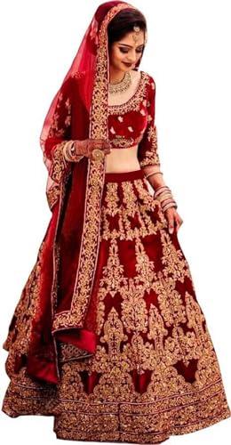 kedarfab women's silk blend embroidery semi-stitched lehenga choli with dupatta set (red colour)