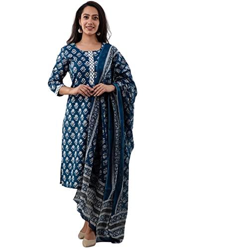 amayra women's rayon printed straight kurta with pant and dupatta set(blue,l)