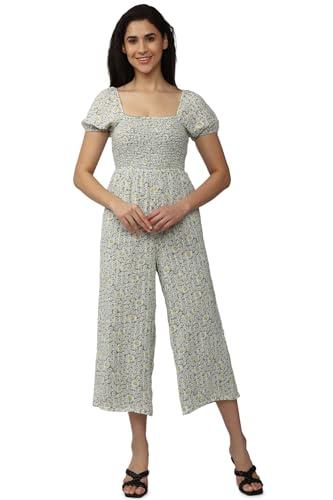 american eagle women smocked puff-sleeve jumpsuit, multi, l