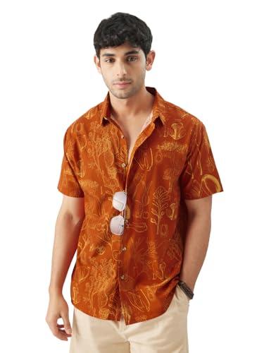 the souled store tropical beat men and boys short sleeve collared neck regular fit button down orange printed shirts