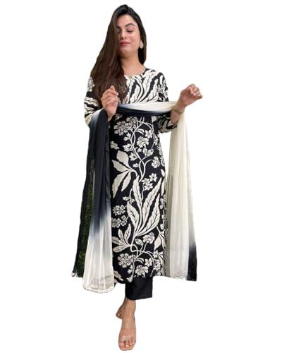 anni designer women's cotton blend printed straight kurta with pant & dupatta (jasper black_m_black_medium)