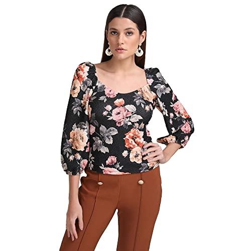 kazo floral polyester blend sweetheart neck women's top (black,extra large)