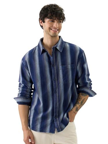 the souled store stripes: shades of blue men and boys long sleeve collared neck button front cotton relaxed fit shirts