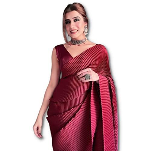 sidhidata women's full crushed/pleated satin saree with unstitched blouse piece (maroonn)