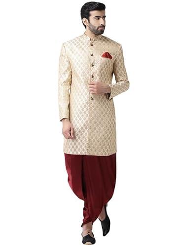 kisah men's indo western sherwani dhoti set, gold silk blend, jacquard regular fit mandarin collar long sleeves (38)