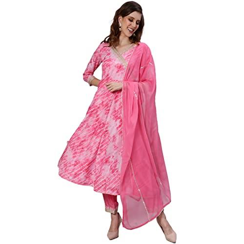 ishin women's silk blend embroidered anarkali kurta suit set with dupatta & pants kpdrlc-17011_xxl_pink