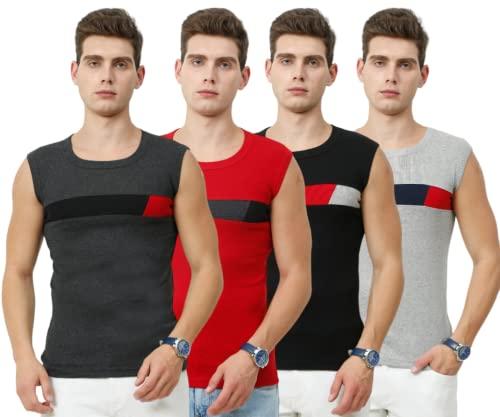 men's premium sleeveless modern cotton gym vest round neck slim fit (pack of 4) (xs, red.black.milange.charcol milange)