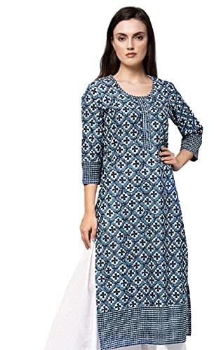 amayra women's cotton straight kurta (tck041-l, blue, large)