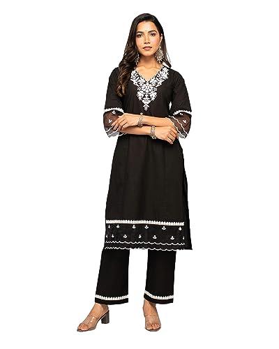 fiorra women's balck cotton floral embroidery straight kurta with palazzo set0106 black