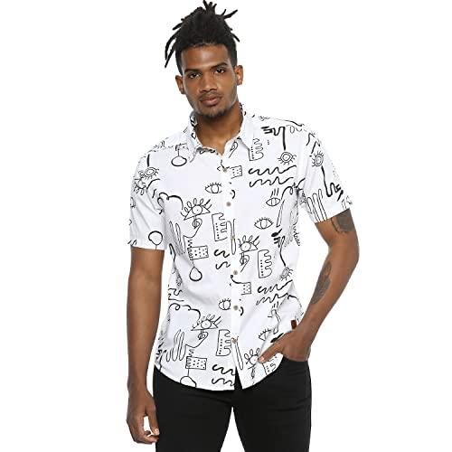 campus sutra men's white doodle printed button up shirt regular fit for casual wear | stylish modern clothing shirt crafted with regular full sleeve and comfort fit for everyday wear