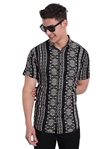 majestic man slim fit cotton casual printed shirt for men (2xl, black)