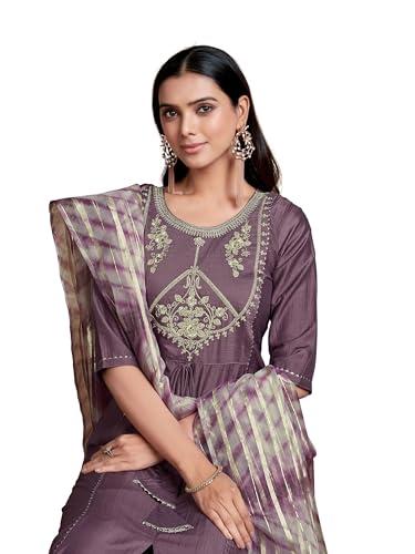 ethnicjunction women's chinon embroidered straight front slit kurta palazzo & organza dupatta set(skd36-begum-lavender_m)