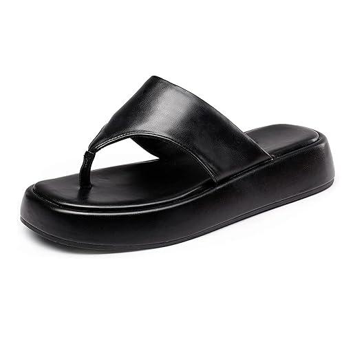 jm looks black platform wedges solid heels thong sandals