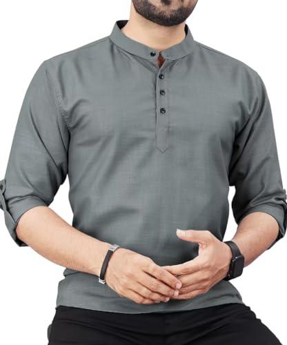 deemoon men's regular fit solid short kurta dark grey