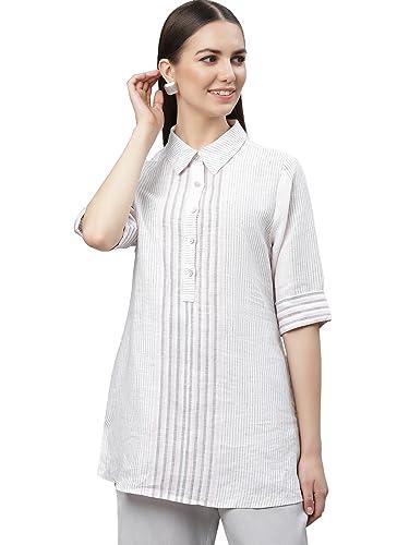 linen club woman pure linen multicolor striped tunic for women (size:xxl)-lwtnst0090195