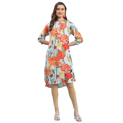 monte carlo womens aqua printed mandarin collar 3/4th sleeve tunic dress (224065572-2-34)