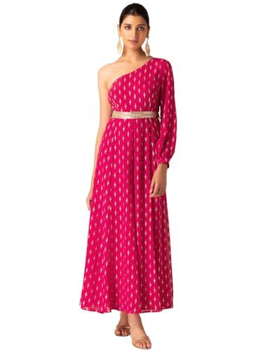 indya women's georgette dark pink foil print one shoulder jumpsuit with dori belt (set of 2) standard length (itn05316 l)