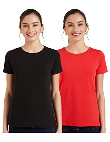 amazon brand - symbol women's solid regular fit half sleeve t-shirt (rn-po2-combo1-black & red-xl) (combo pack of 2)